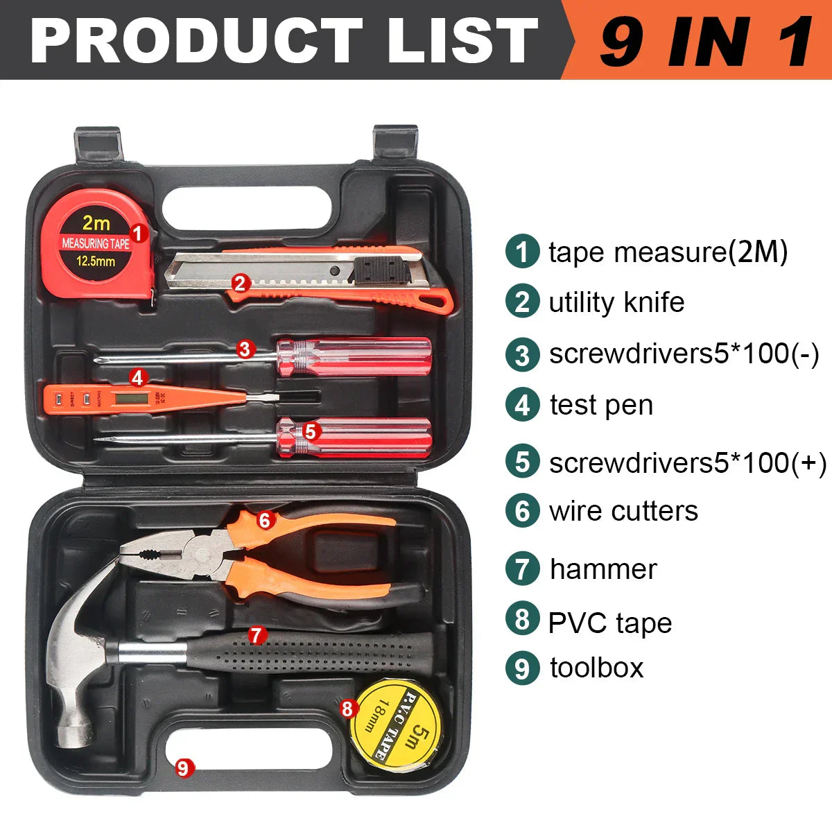Ensemble d'outils 8/9/12/13 pièces, kit d'outils manuels général pour la maison avec boîte de rangement en plastique