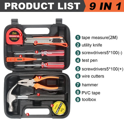 Ensemble d'outils 8/9/12/13 pièces, kit d'outils manuels général pour la maison avec boîte de rangement en plastique