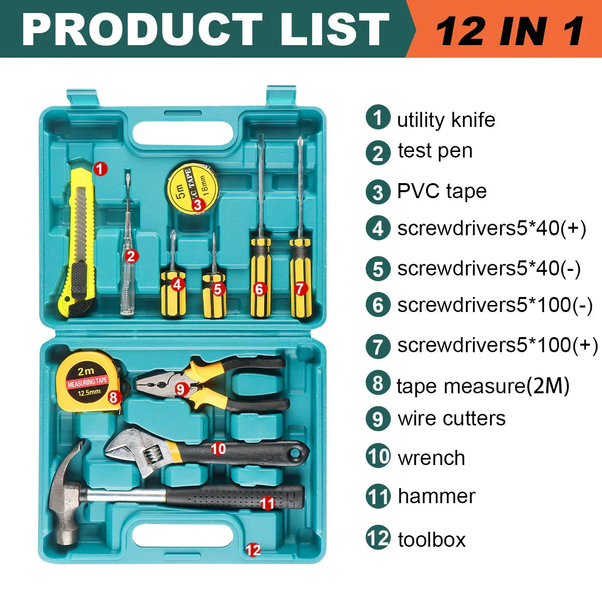Ensemble d'outils 8/9/12/13 pièces, kit d'outils manuels général pour la maison avec boîte de rangement en plastique
