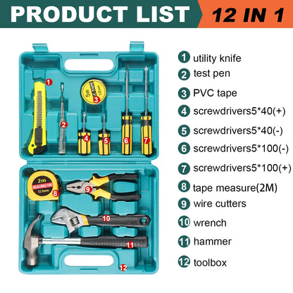 Ensemble d'outils 8/9/12/13 pièces, kit d'outils manuels général pour la maison avec boîte de rangement en plastique