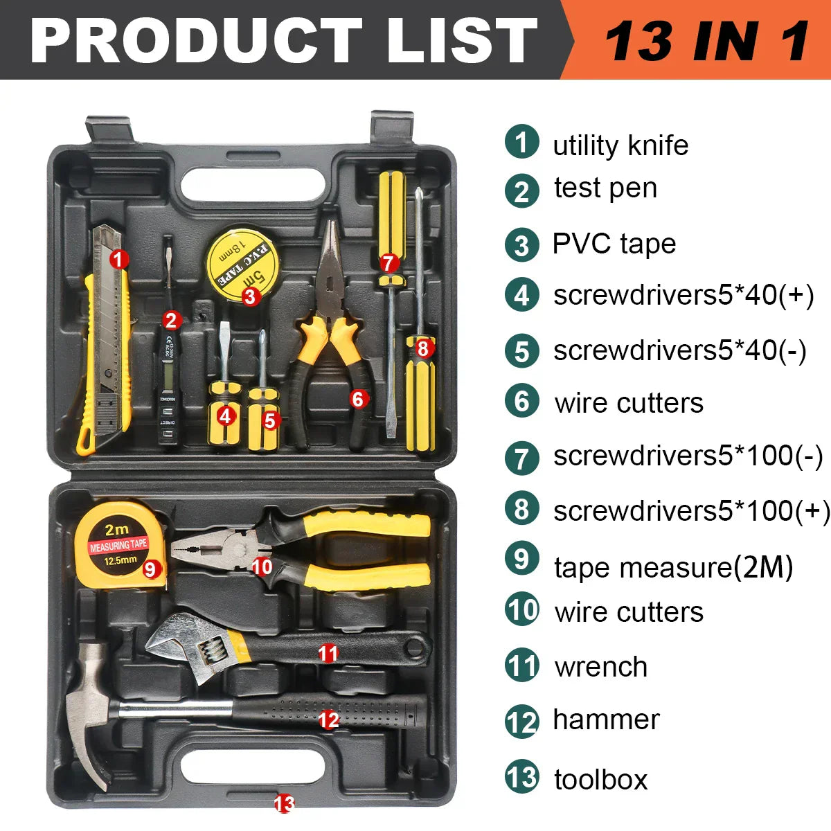 Ensemble d'outils 8/9/12/13 pièces, kit d'outils manuels général pour la maison avec boîte de rangement en plastique