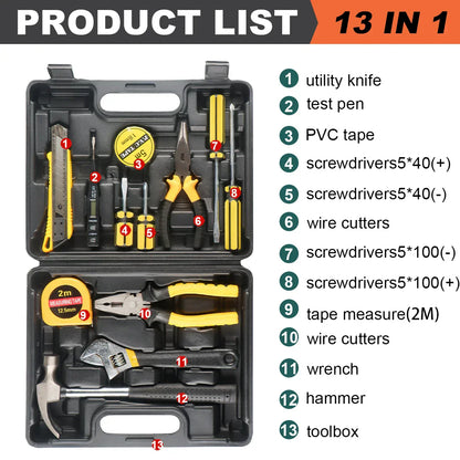 Ensemble d'outils 8/9/12/13 pièces, kit d'outils manuels général pour la maison avec boîte de rangement en plastique