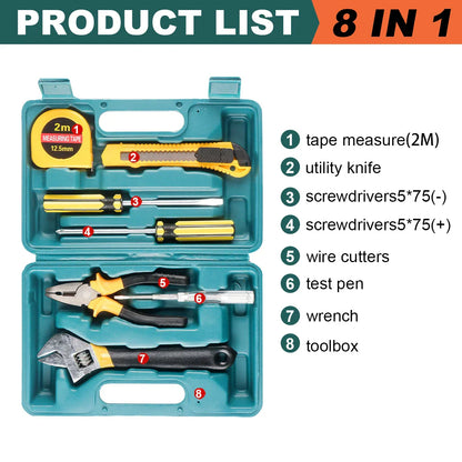 Ensemble d'outils 8/9/12/13 pièces, kit d'outils manuels général pour la maison avec boîte de rangement en plastique
