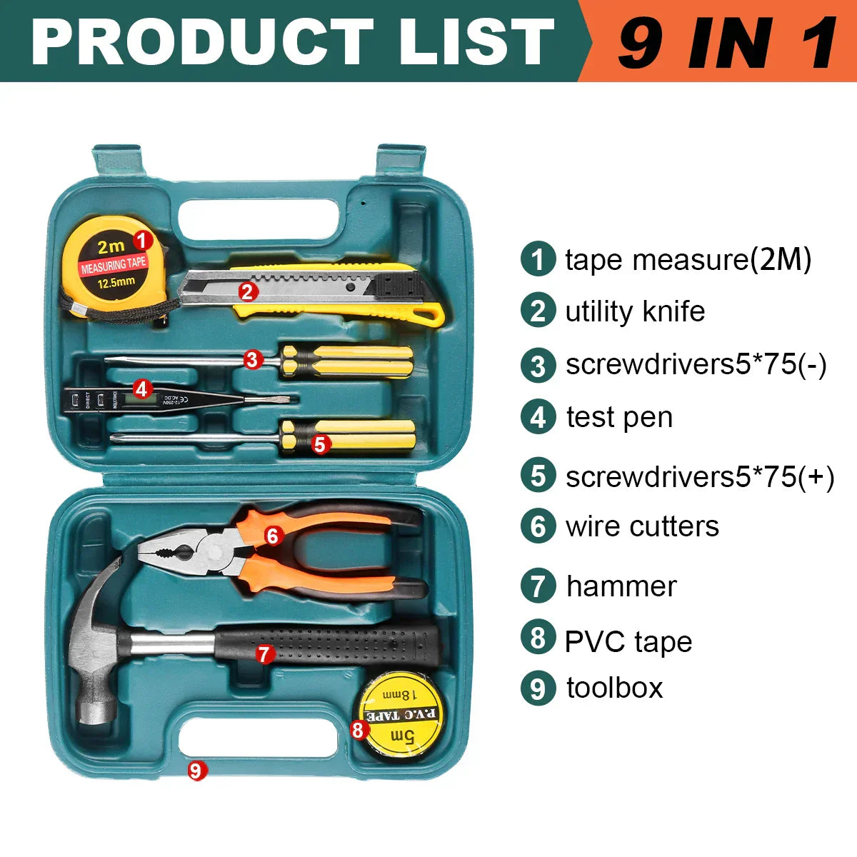 Ensemble d'outils 8/9/12/13 pièces, kit d'outils manuels général pour la maison avec boîte de rangement en plastique